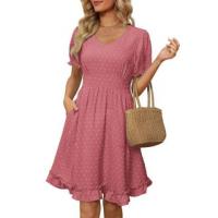 Fashion Double Pockets Pink Dot Pattern Knee Length Dress