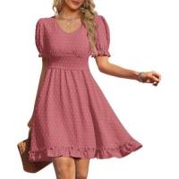 Fashion Double Pockets Pink Dot Pattern Knee Length Dress - 3