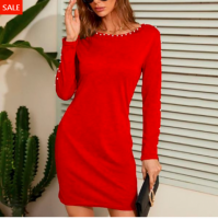 Stunning Gray Pearl Party Mini Dress for Women Polyester Long Sleeves Round Neckline