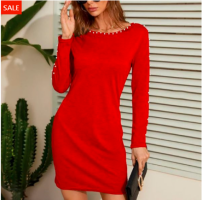 Stunning Gray Pearl Party Mini Dress for Women Polyester Long Sleeves Round Neckline - 2