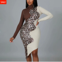 Leopard Print High Neck Bodycon Dress Perfect for Club & Night Out! Long Sleeves
